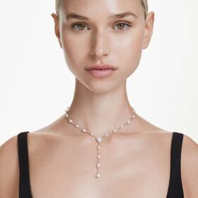 Ariana Grande X Swarovski Y-halskjede med blandede slipninger, krystallperle, hjerte, hvit, rhodiumbelagt