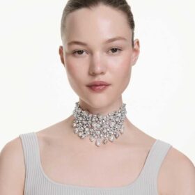 Constella choker med krystallperler, rundslipt, hvit, rhodiumbelagt