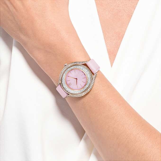 Crystalline Aura-klokke, sveitsiskprodusert, lærrem, rosa, rosagullfarget finish Crystalline Aura-klokke, sveitsiskprodusert, lærrem, rosa, rosagullfarget finish