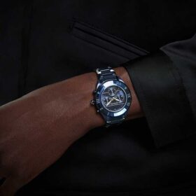 Dextera Chrono-klokke 39 mm, sveitsiskprodusert, metallarmbånd, blå, blå finish