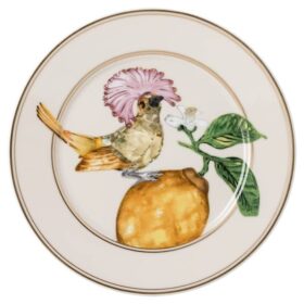 Idyllia brødplate i porselen, krystalltrykk-motiv, fluesnapper, flerfarget