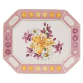 Idyllia-brett i porselen, krystalltrykk, blomstermotiv, stort, rosa