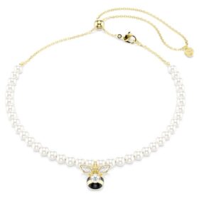 Idyllia choker med krystallperler, blandede slipinger, bie, hvit, gullbelagt
