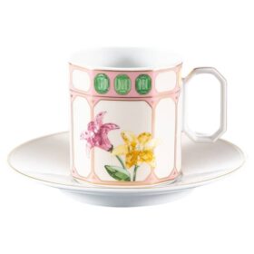 Idyllia kaffekopp med underkop i porselen, krystalltrykk, blomster, flerfarget
