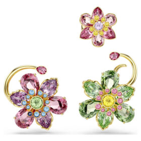 Idyllia ørecuff-sett (3), asymmetrisk design, blandede slipinger, blomst, flerfarget, gullbelagt