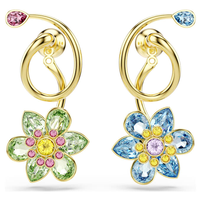 Idyllia øredobber, asymmetrisk design, blandede slipninger, blomst, flerfarget, gullfarget Idyllia øredobber, asymmetrisk design, blandede slipninger, blomst, flerfarget, gullfarget