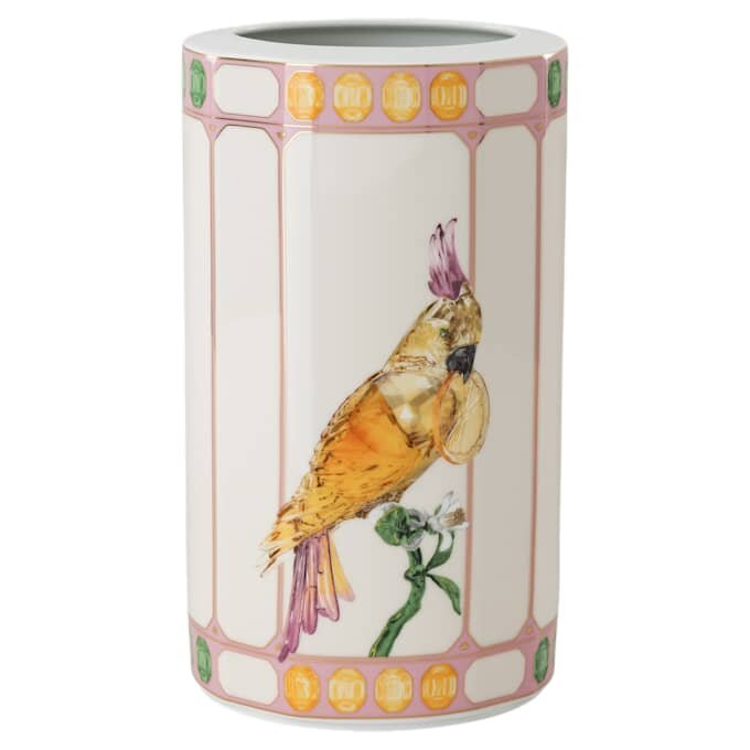 Idyllia-vase i porselen, krystallmønster, fugl, flerfarget Idyllia-vase i porselen, krystallmønster, fugl, flerfarget