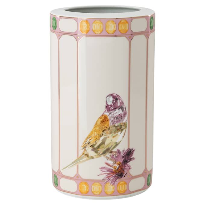 Idyllia-vase i porselen, krystallmønster, fugl, flerfarget Idyllia-vase i porselen, krystallmønster, fugl, flerfarget
