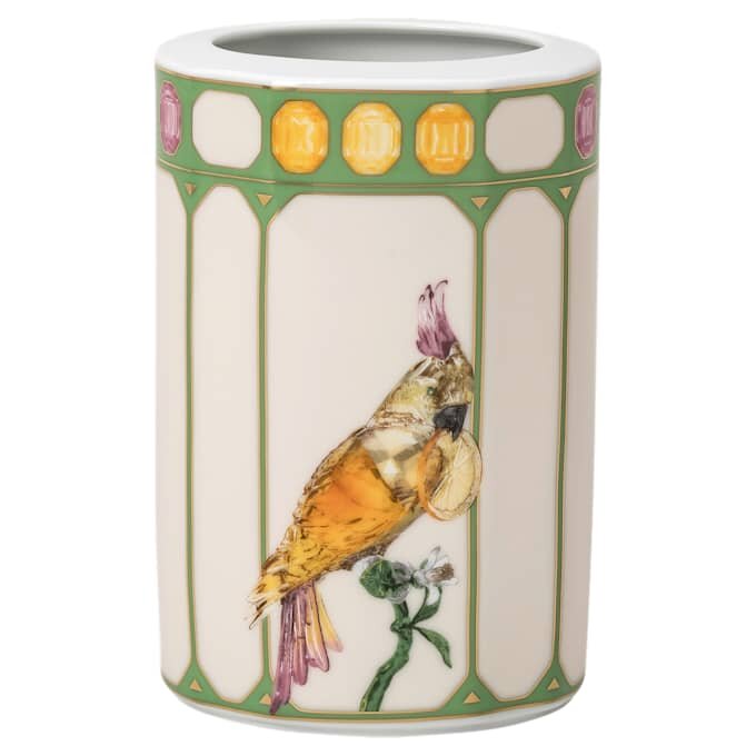 Idyllia-vase i porselen, krystalltrykk-motiv, kakadue, liten, flerfarget Idyllia-vase i porselen, krystalltrykk-motiv, kakadue, liten, flerfarget