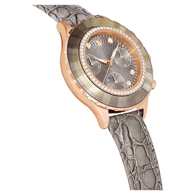 Octea Chrono-klokke, sveitsiskprodusert, lærrem, grå, rosagullfarget finish Octea Chrono-klokke, sveitsiskprodusert, lærrem, grå, rosagullfarget finish