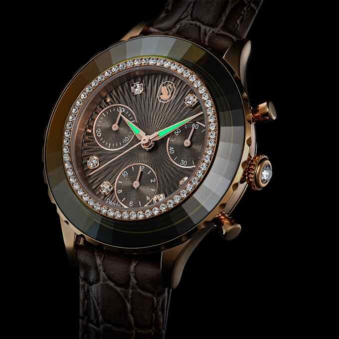 Octea Chrono-klokke, sveitsiskprodusert, lærrem, grå, rosagullfarget finish Octea Chrono-klokke, sveitsiskprodusert, lærrem, grå, rosagullfarget finish