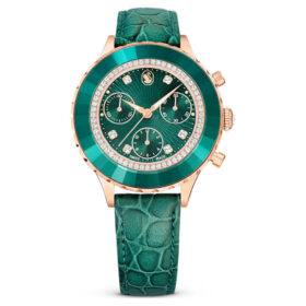 Octea Chrono-klokke, sveitsiskprodusert, lærrem, grønn, rosagullfarget finish Octea Chrono-klokke, sveitsiskprodusert, lærrem, grønn, rosagullfarget finish