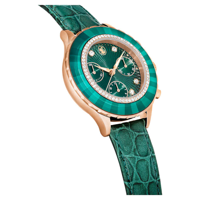 Octea Chrono-klokke, sveitsiskprodusert, lærrem, grønn, rosagullfarget finish Octea Chrono-klokke, sveitsiskprodusert, lærrem, grønn, rosagullfarget finish