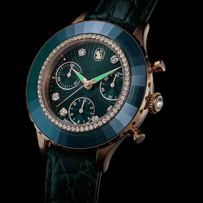 Octea Chrono-klokke, sveitsiskprodusert, lærrem, grønn, rosagullfarget finish Octea Chrono-klokke, sveitsiskprodusert, lærrem, grønn, rosagullfarget finish