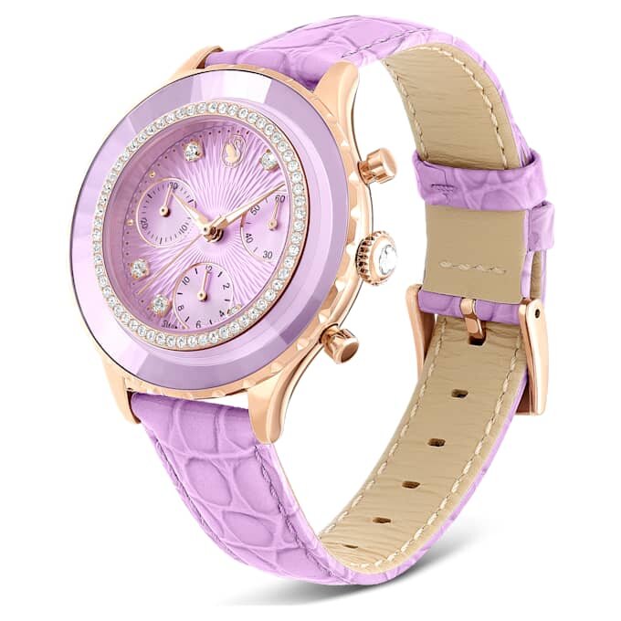 Octea Chrono-klokke, sveitsiskprodusert, lærrem, lilla, rosagullfarget finish Octea Chrono-klokke, sveitsiskprodusert, lærrem, lilla, rosagullfarget finish