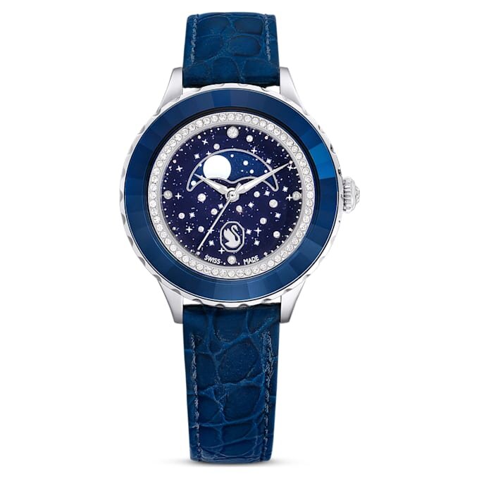 Octea Moon Klokke Swiss Made, Moon, lærrem, blå, rustfritt stål Octea Moon Klokke Swiss Made, Moon, lærrem, blå, rustfritt stål