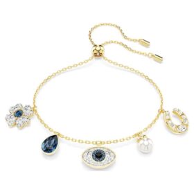 Symbolica-armbånd med krystallperle, kløver, det onde øyet og hestesko, blått, gullbelagt Symbolica-armbånd med krystallperle, kløver, det onde øyet og hestesko, blått, gullbelagt