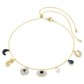 Symbolica-choker med krystallperler, måne, Infinity-tegn, firkløver, det onde øyet og hestesko, blå, gullbelagt