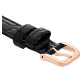 Urem 16 mm (0,63″) bredde, lær med sømmer, svart, rosagullfarget finish Urem 16 mm (0,63″) bredde, lær med sømmer, svart, rosagullfarget finish